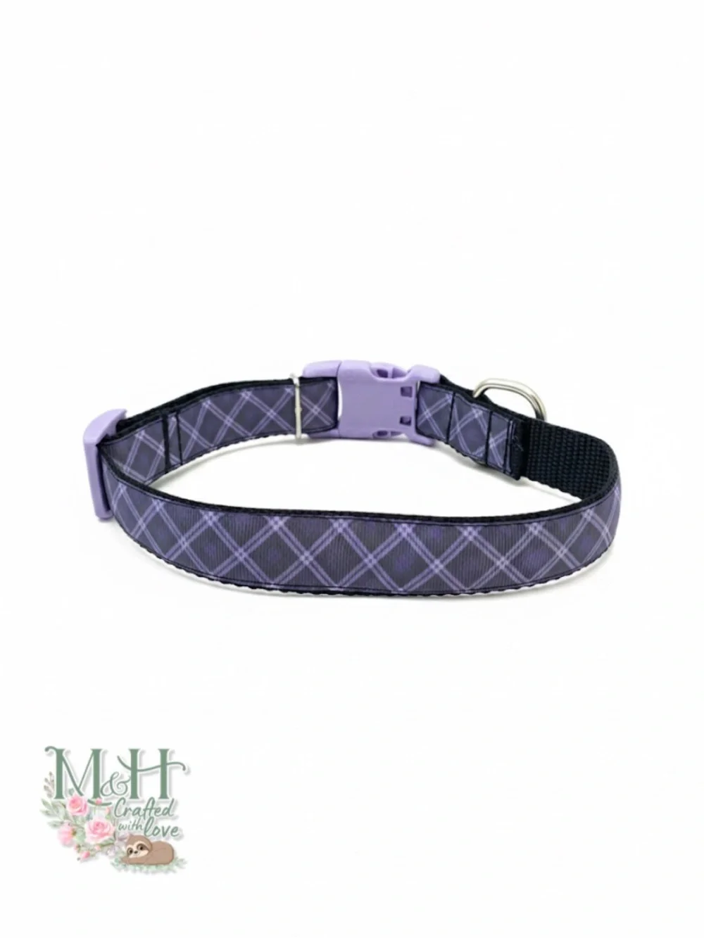 Adjustable Purple Plaid Dog Collar with Secure Buckle